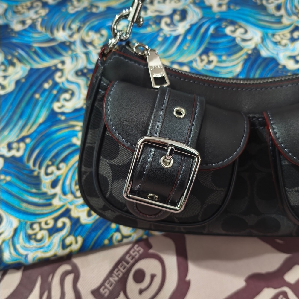 Coach Black Signature Canvas Shoulder Bag with Buckle Pockets - Picture 3 of 14